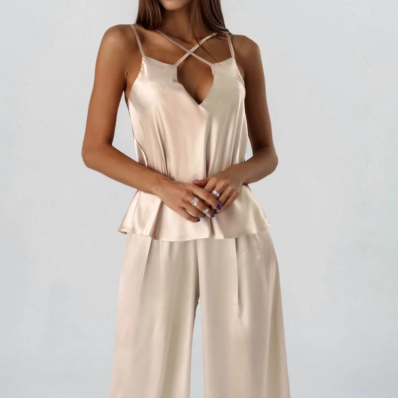 Sexy Women's Pajamas 2 Piece Sets Spaghetti Strap V Neck Nightwear Female Summer Casual Trouser Suits Loose Sleepwear Mujer
Sexy Women's Pajamas 2 Piece Sets Spaghetti Strap V Neck Nightwear Female Summer Casual Trouser Suits Loose Sleepwear Mujer