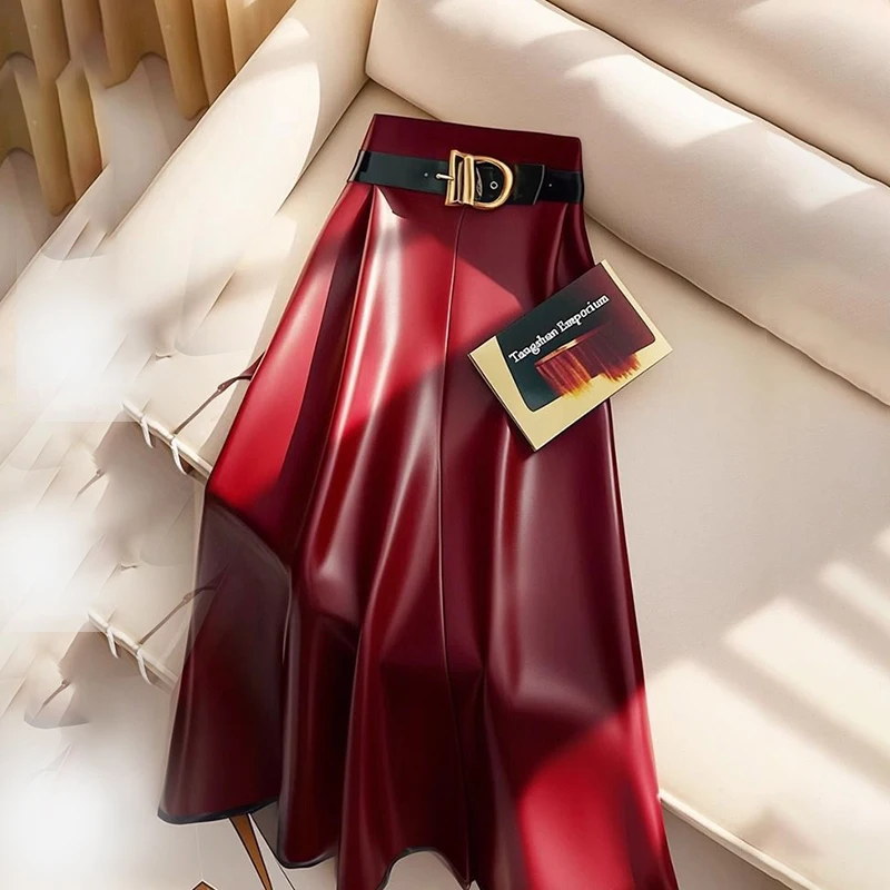 High end goddess style high-end red PU skirt for women 2024 new Leather midi skirt, mid length umbrella skirt 71 Sb9f12f92cb8a42b69b63c7f226c01216z