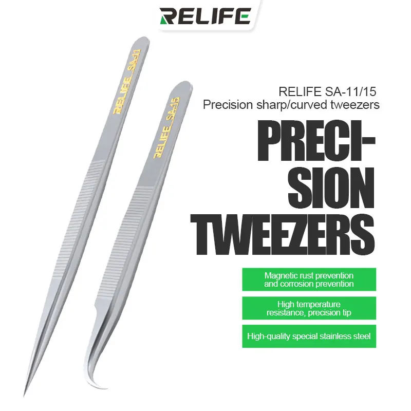 RELIFE SA-11 SA-15 Precision Sharp/Curved Tweezers for Mobile Phone Repair Hand Tools High Hardness Anti-magnetic Tweezers
RELIFE SA-11 SA-15 Precision Sharp/Curved Tweezers for Mobile Phone Repair Hand Tools High Hardness Anti-magnetic Tweezers