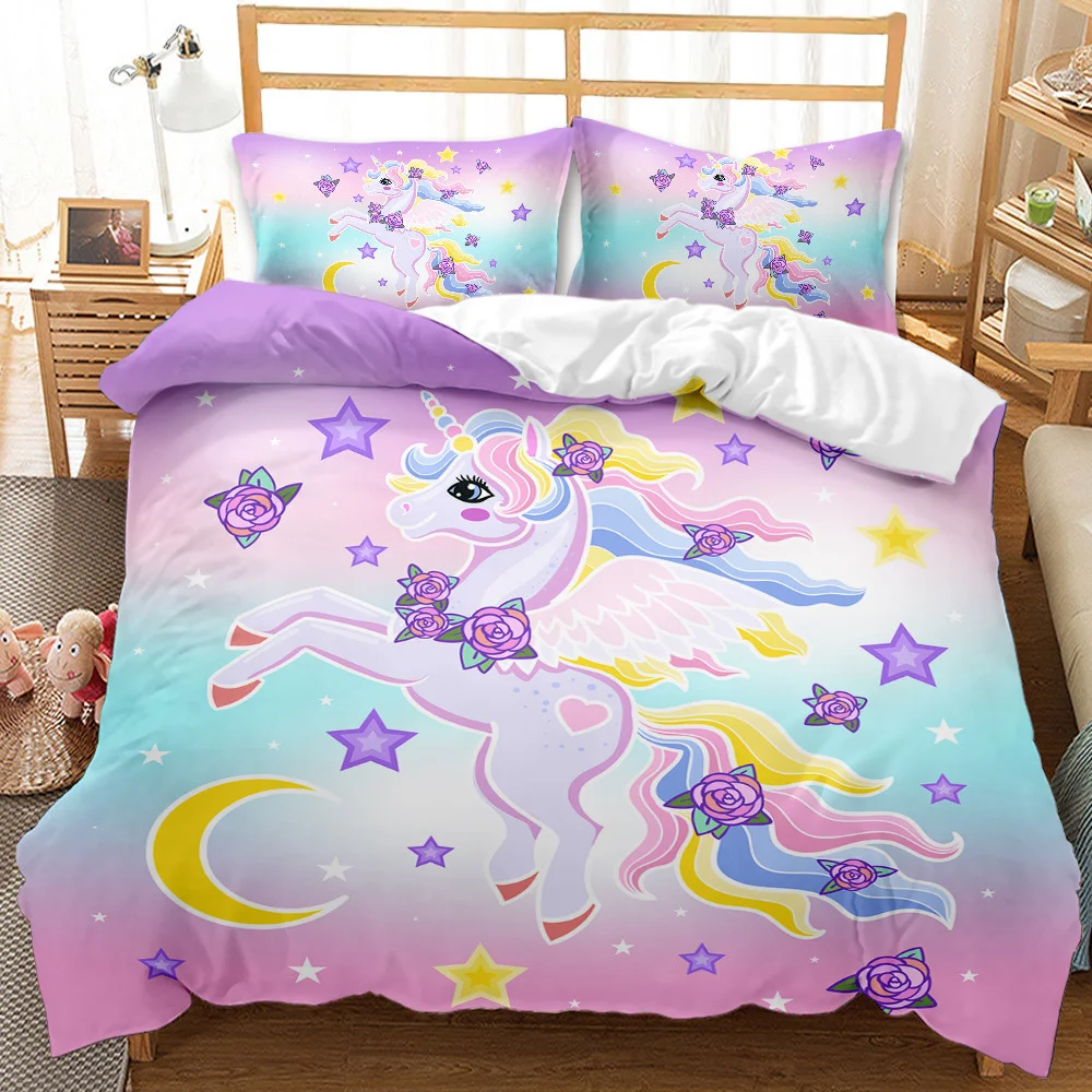 

Hot Sale Cartoon Unicorn Kids Girls Pink 3D Bedding Set Duvet Cover Bedcllothes Animal Printed Queen King Size Home Bed Linens