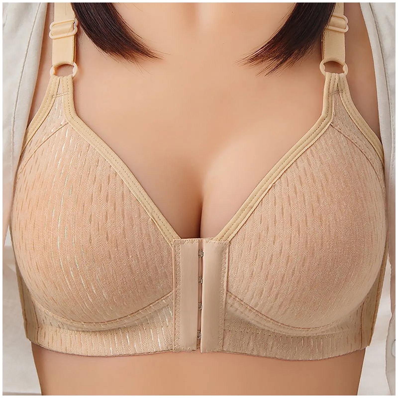 

Solid Color Breathable Gather No Steel Ring Front Closure Women Bras Thin Mold Cup Adjusted-straps Large Size Seamless Underwear