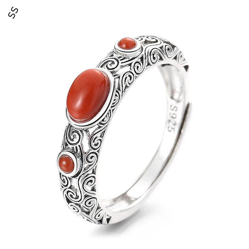 

Vintage Making Old Craft Pattern Embellished South Red Agate Artistic Temperament Open Resizable Ring Retro for Male/Female