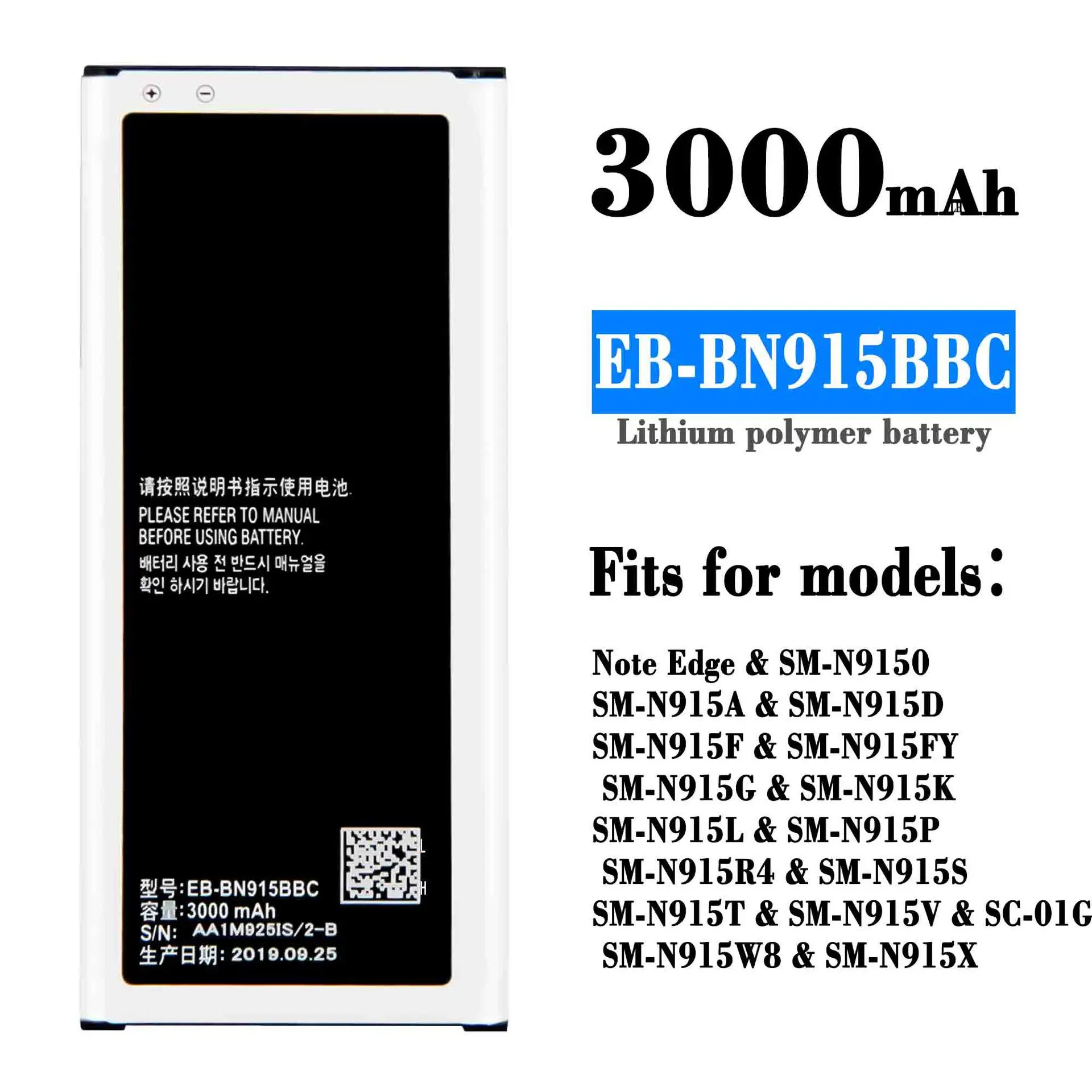 

For SAMSUNG Orginal EB-BN915BBC EB-BN915BBE 3000mAh Battery Galaxy Note Edge N9150 N915 N915F/D/A/T/W8 N915K/L/SN915V/G/X SC-01G