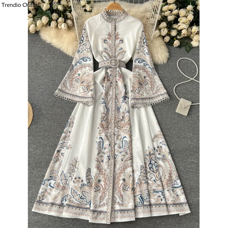 

Trendio 2024 New Spring Printed Round Neck Flare Sleeve Dress Women's Single Breasted Large Hem Pleated Long Temperament Skirt