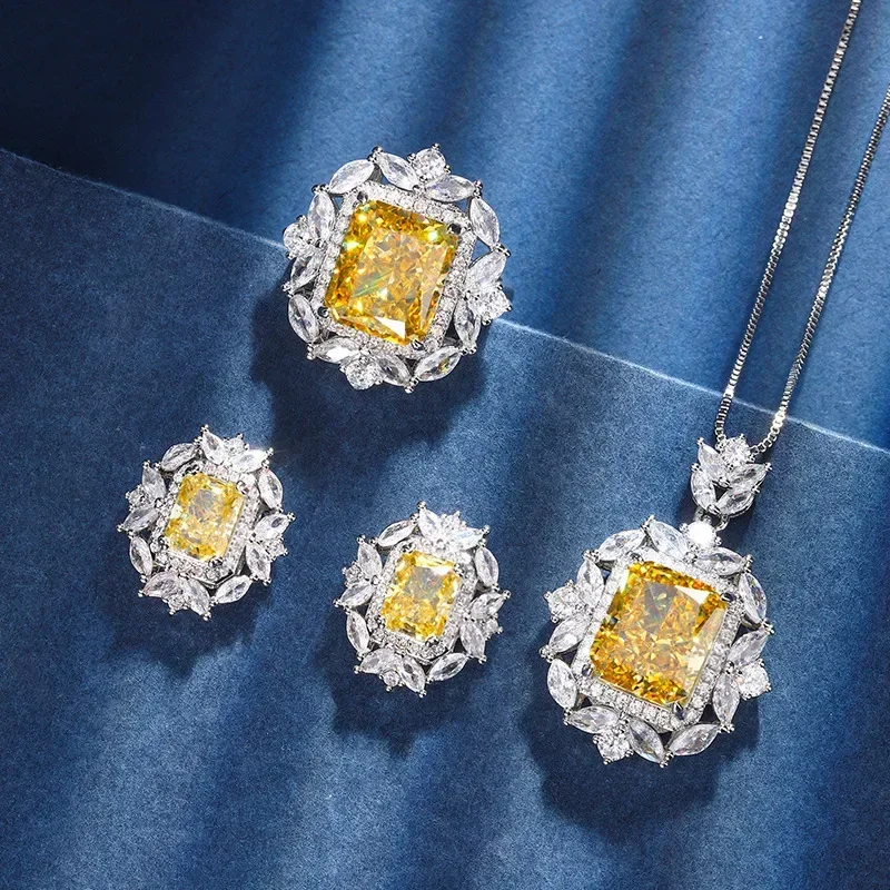 

Yellow Crystal Luxurious Grace Pendant Necklace Adjustable Ring Earrings Women Jewelry Boutique Accessory Banquet Birthday Gift