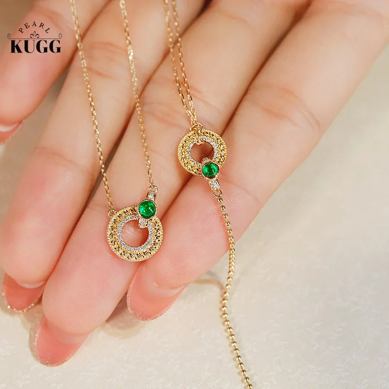 

KUGG 18K Yellow Gold Bracelet Fashion INS Style Real Natural Emerald Shiny Diamond Bracelet&Necklace for Women High Jewelry Set