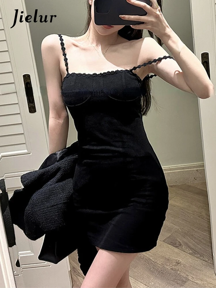 

Jielur Summer Even Party Y2k Mini Dress Office Lady Casual Sleeveless Strap Black Dress Women Pure Color One Piece Dress Korean