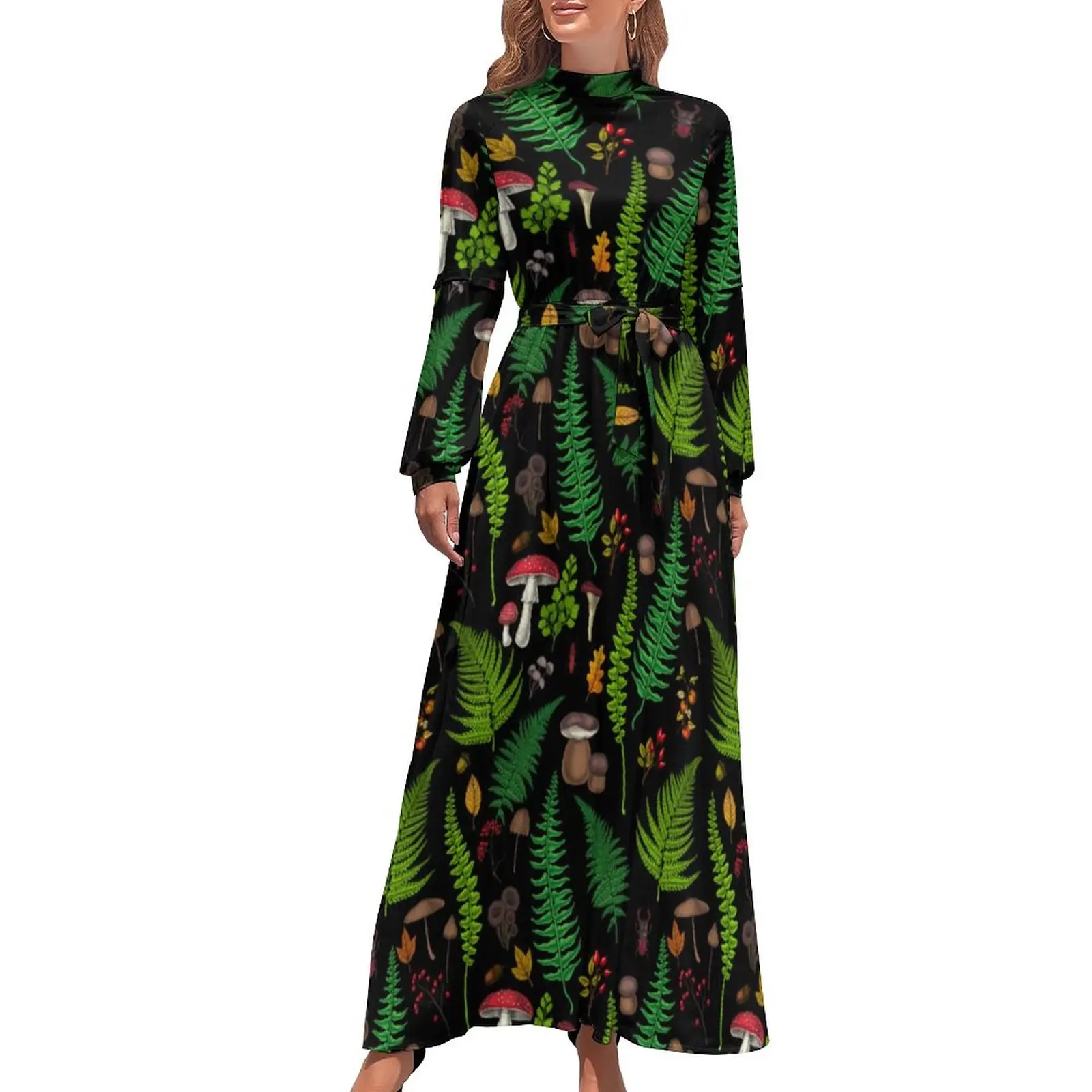 

Magic Mushroom Dress Woodland Flora and Fauna Street Wear Bohemia Dresses Women Long Sleeve High Waist Modern Long Maxi Dress