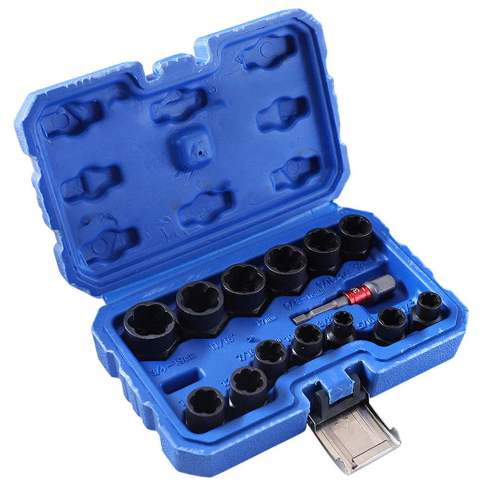 Impact Damaged Bolt Nut Screw Remover Extractor Socket Tool, 14Pcs Set, 3/8 Square Drive, Longer Life and Greater Durability
Impact Damaged Bolt Nut Screw Remover Extractor Socket Tool, 14Pcs Set, 3/8 Square Drive, Longer Life and Greater Durability