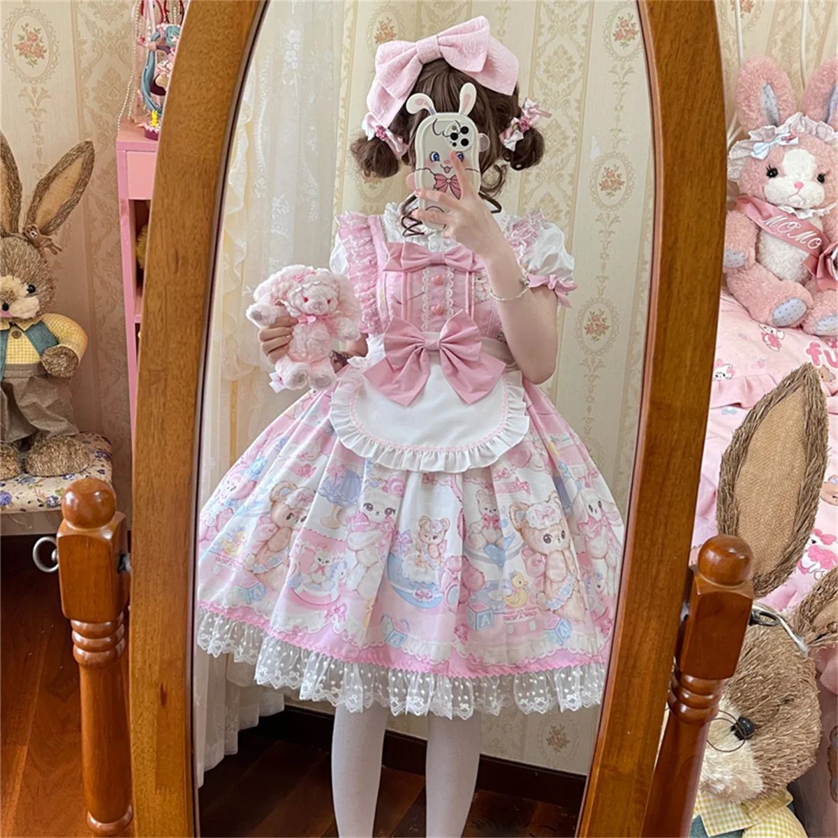 

Japanese Kawaii Style Lolita Cosplay Sweet Girls Jsk Cute Printing Rabbit Bear Duck Ruffle Apron Bowknot Sweet Romantic Dress