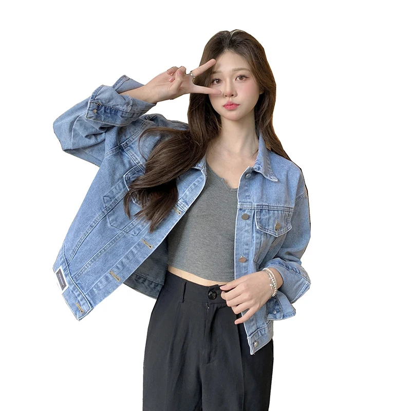

2024 Harajuk Women Long Sleeve Solid Blue Denim Coats Vintage Loose Jean Jackets Autumn Winter Lapel Button Outwear Korean A046