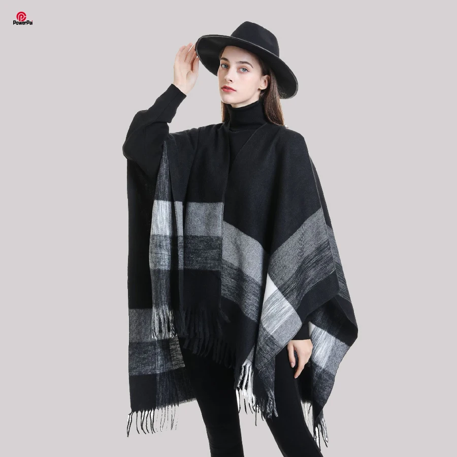 

Fashion Color Block Stripes Cape Shawl Women Spring Autumn Outerwear Cloak Leisure Travel Wraps Fanon