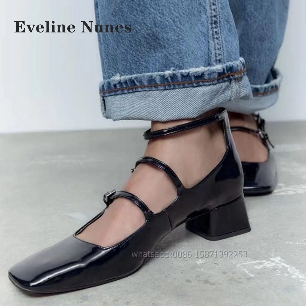 

Patent Leather Belt Buckle Pumps Square Toe Chunky Heel Front Strap Buckle Strap Women Sandals Solid Cover Heel Mary Janes Nifty