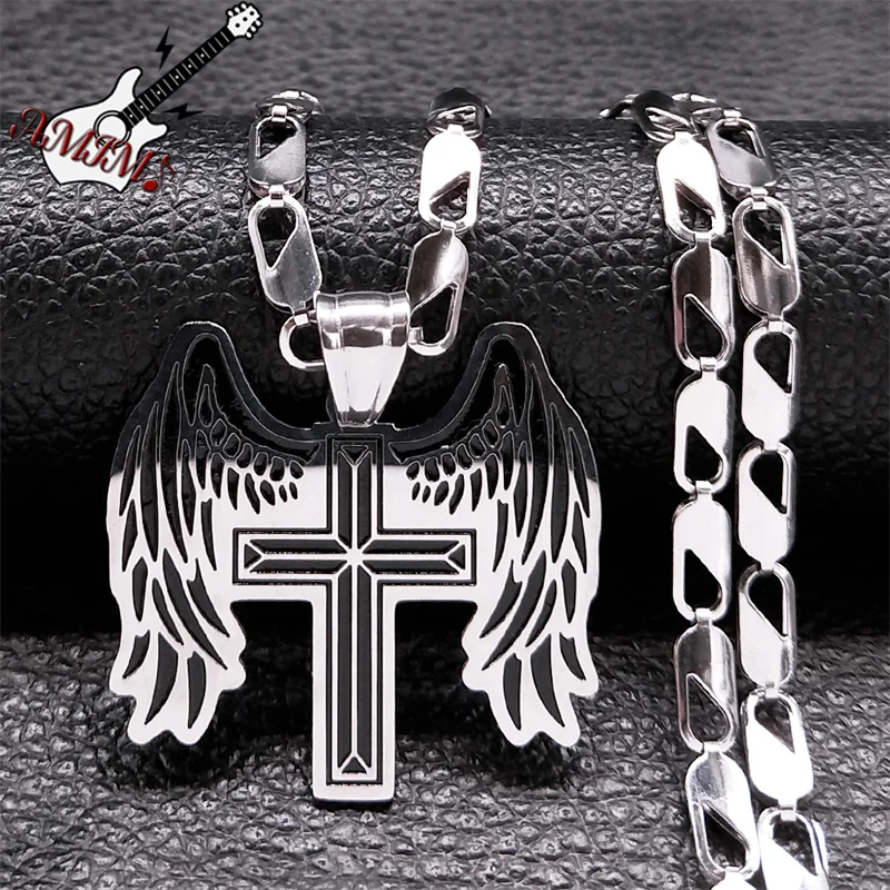 

Cross Guardian Angel Wing Pendant Necklaces for Men Stainless Steel Necklace Jewelry collier acier inoxydable femme N4016S06