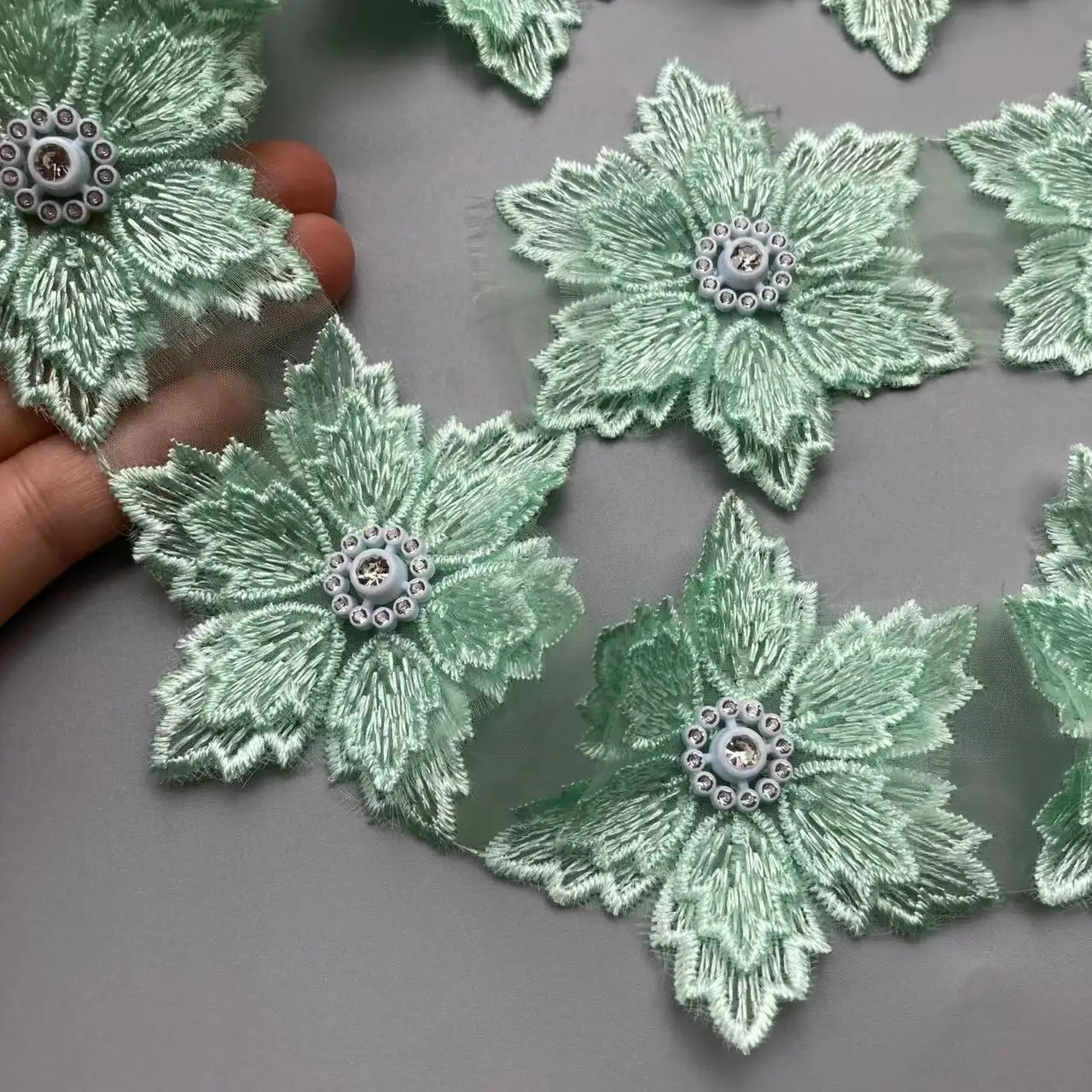 

10x Green 7.5cm Double Layered Pearl Beaded Leaf Flower Embroidered Lace Trim Ribbon Fabric Patchwork Wedding Dress Sewing Craft