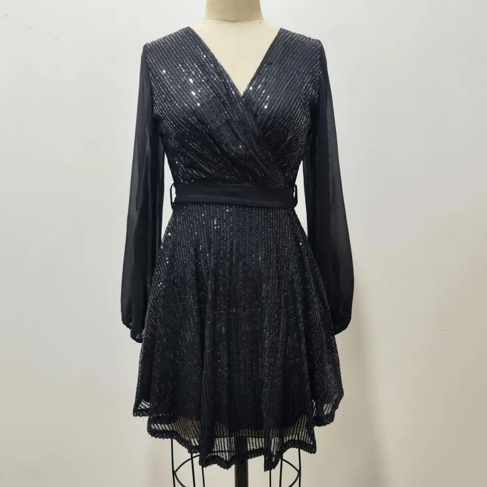 Spring Women Dress Elegant V-neck Long Sleeve A-line Evening Dress with Belted Waist Double-layered Skirt for Women Solid Color
Spring Women Dress Elegant V-neck Long Sleeve A-line Evening Dress with Belted Waist Double-layered Skirt for Women Solid Color