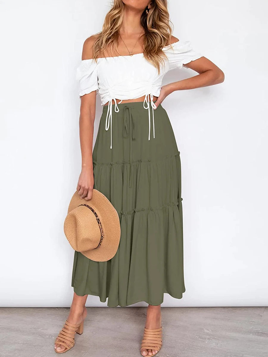 

Women Y2k Satin Long Skirt Drawstring High Elastic Waist Solid Summer Casual Going Out A-Line Midi Skirts