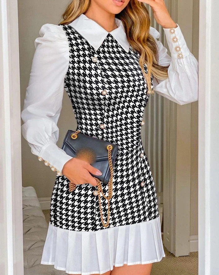 

Elegant Style 2024 Spring Summer for Women A Line Dresses Turn-Down Collar Houndstooth Button Decor Puff Sleeve Ruffle Hem Dress