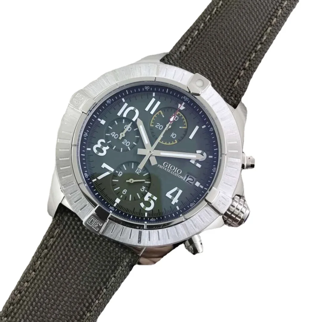 

Luxury Mens Quartz Chronograph Watch Stopwatch Stainless Steel Sapphire Rotatable Bezel Green Canvas Leather Strap