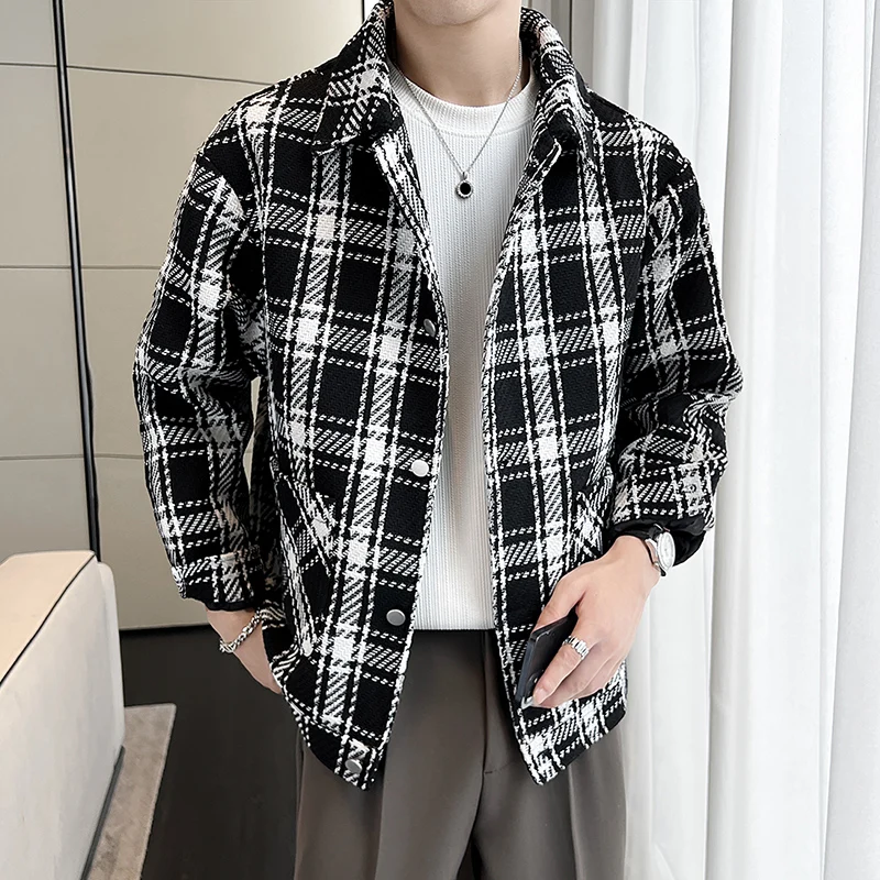 

Korean Men's Plaid Jackets Vintage Buttons Shacket Checkered Coat Casual Overshirt Outerwear Fashion Streetwear Clothes Man