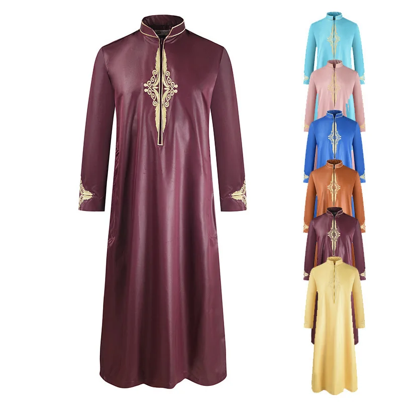 

2024 Summer New Men's Robe Solid Color Embroidered Middle Eastern Muslim Long Sleeved Foreign Trade Robe