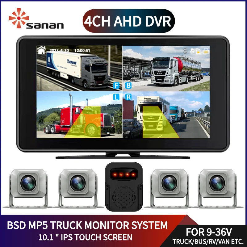 

10.1 Inch AHD Monitor System BSD Touch Screen For Car/Bus/Truck 4 Channel CCTV DVR Cameras Color Night Vision Parking Recorder