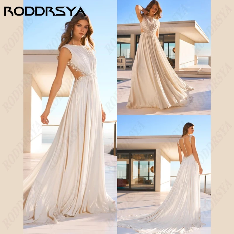 

RODDRSYA Scoop-Neck Pearls Beaded Wedding Dresses For Women Sexy Chiffon A-Line Bridal Gowns Sleeveless Robe De Mariée Beach