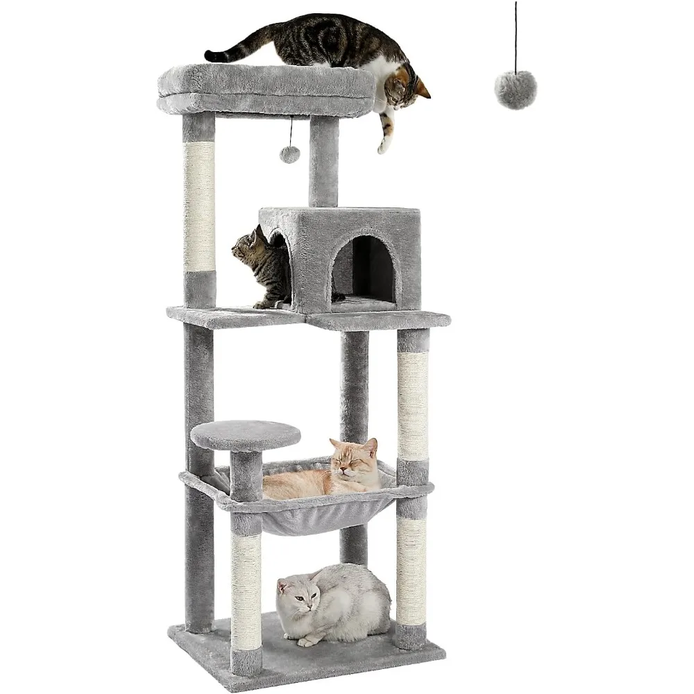 

Large Cats Adult with Metal Plush Big Hammock, 56.3" Cat TowerZ with 2 Door Condo House, 6-Tier Cat Shelves with Scratch