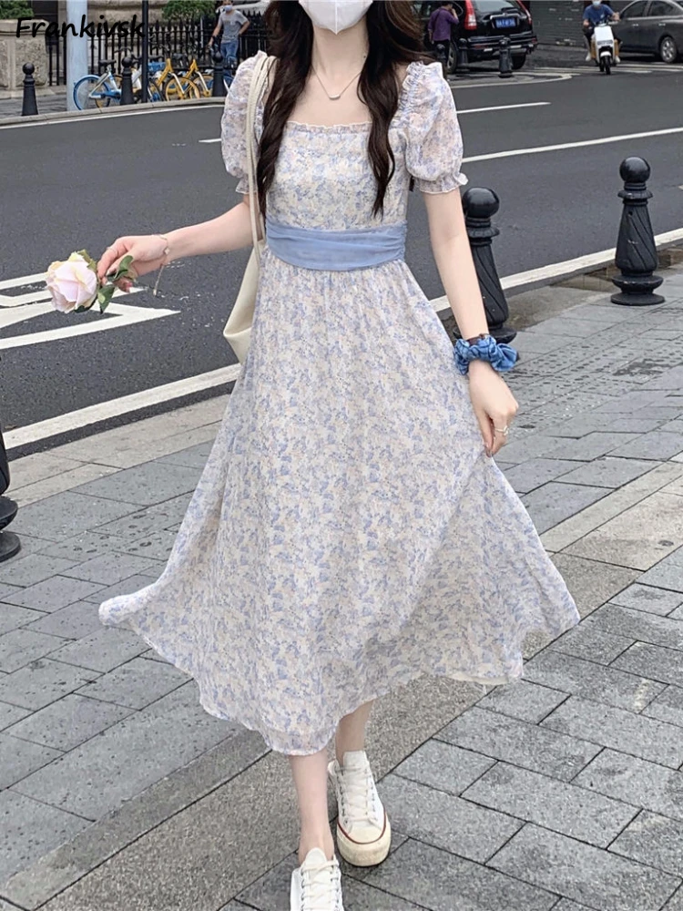 

Dresses Women Flowing Fairy Smooth Mature Summer Tender Pullover French Style Vintage Holiday Mori Girls Popular Floral Curtly