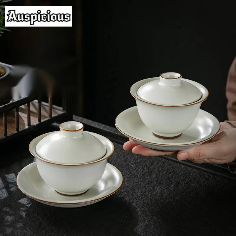 

150ml Handmade Moon White Ru Kiln Gaiwan Handmade Tea Tureen Household Tea Maker Cover Bowl Tea Items Cha Equipment Craft Gift