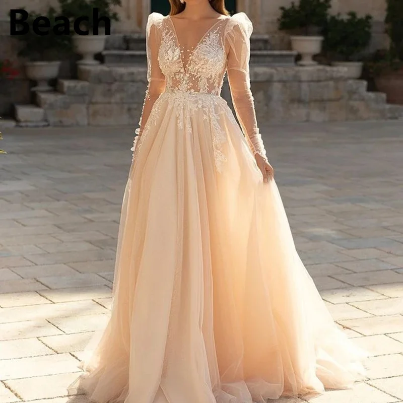 Romantic V-Neck Long Sleeves Wedding Dress Lace Appliques Princess Bride Gown Plus Size Bridal Dress Robe De Mariée
Romantic V-Neck Long Sleeves Wedding Dress Lace Appliques Princess Bride Gown Plus Size Bridal Dress Robe De Mariée