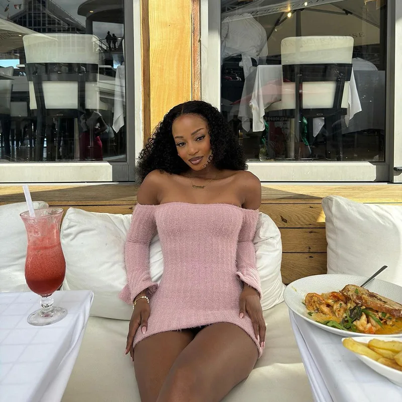 Spicy One-oulder Women's Dress High Waist Bodycon Short Skirt Long Sleeve Polyester Fabric Pure Color Elegant Lady Dresses Spicy One-oulder Women's Dress High Waist Bodycon Short Skirt Long Sleeve Polyester Fabric Pure Color Elegant Lady Dresses