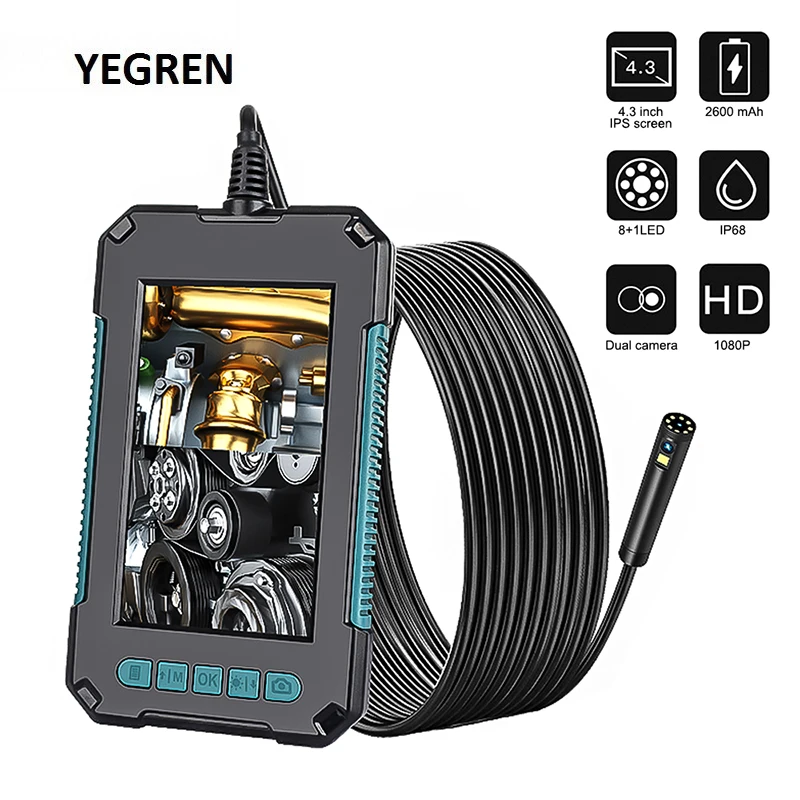 

8mm Endoscope Camera IP67 Waterproof Industrial Borescope with 4.3“ HD Screen LED Pipe Inspection Camera Hard Cable Endoscope