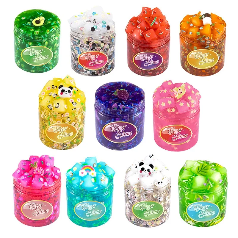 

New Transparent Slime Charms Kit for Kid Crystal Mud Cow Head Glue Colored Mud Fruit Clay Sand Decompression Toy Slime Fluffy