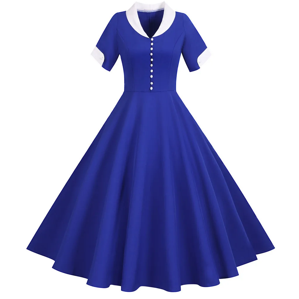 

Women 1950s Retro Dress Summer Short Sleeve Button Decorate Long Dreses Elegance Vintage Big Swing A-line Cocktail Party Vestido