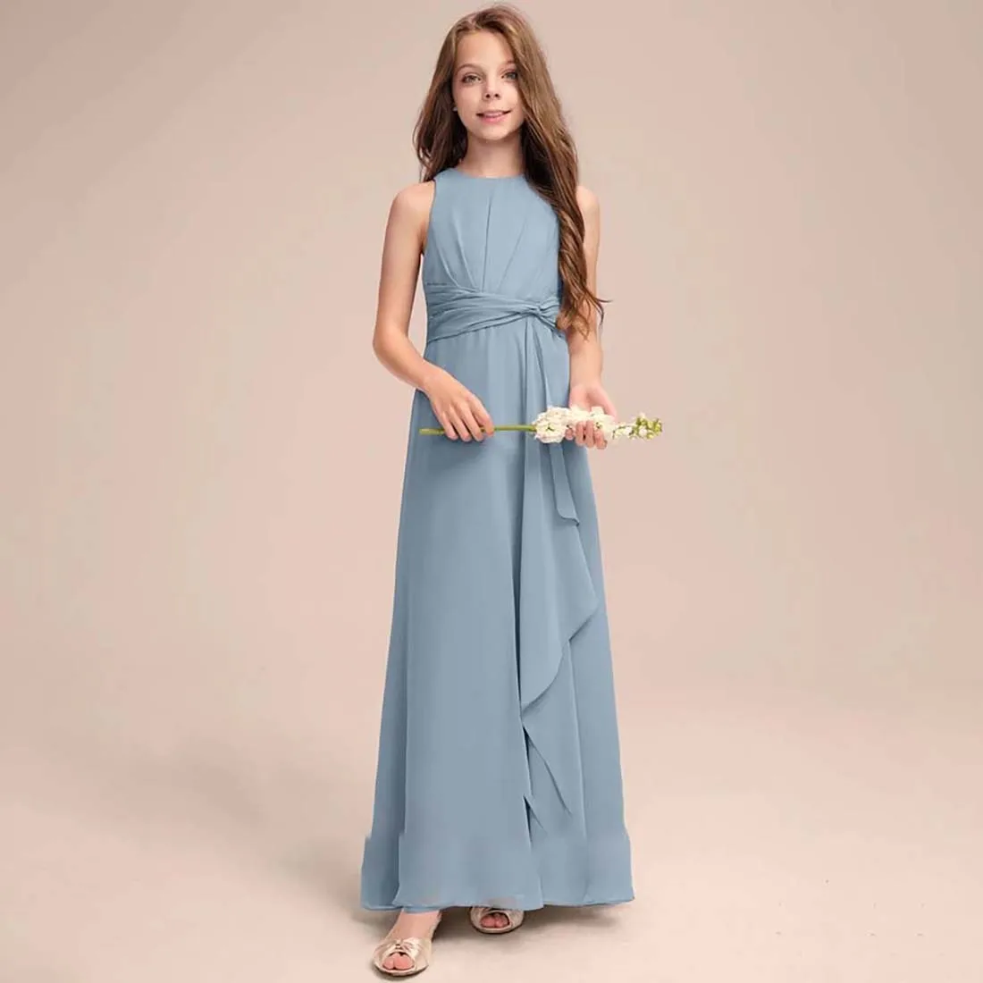 

YZYmanualroom Chiffon Junior Bridesmaid Dress With Cascading Ruffles A-line Scoop Floor-Length 2-15T