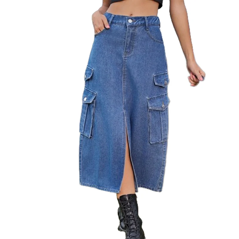 

Elasticated Waist Button Splicing Pocket Denim Skirt Summer Workwear Style Split Hem Half Body Dress Women's Clothing Streetwear