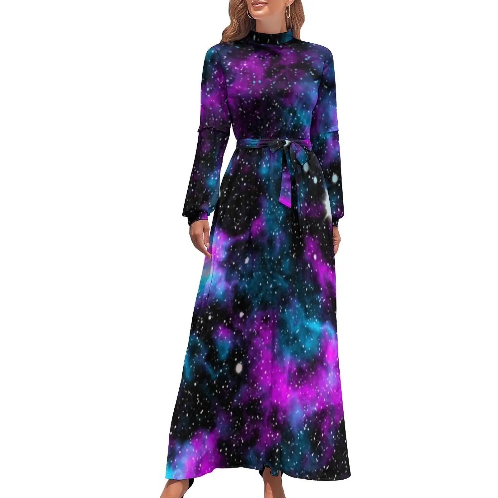 

Blue And Purple Galaxy Dress Cosmic Neon Print Sexy Maxi Dress Korean Fashion Beach Long Dresses High Waist Custom Vestido