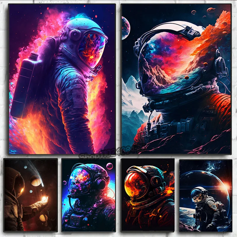 

Neon Astronaut Space Wild Flame Fantasy Landscape Wall Art Canvas Paintings Posters and Prints Home Living Room Decor NO LED