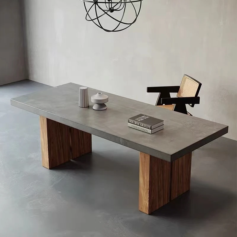 

Customized Nordic dining table full solid wood minimalist cement ash rectangular desk negotiation table