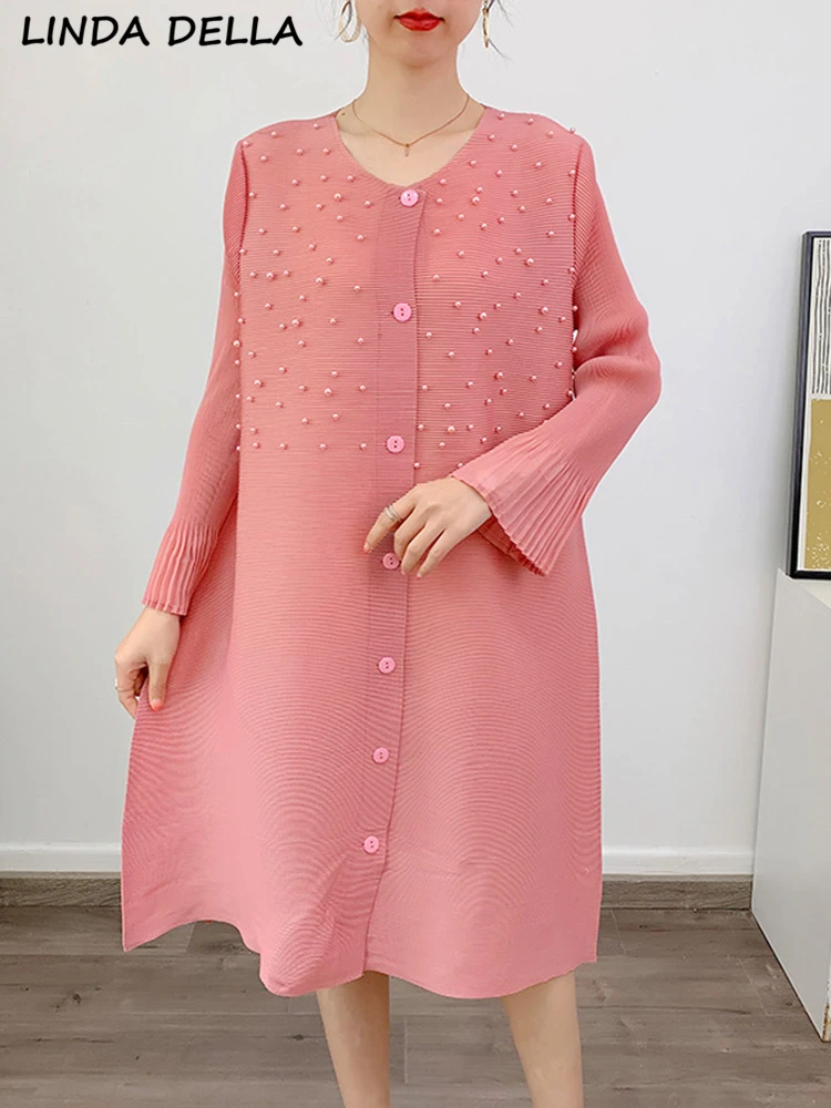 LINDA DELLA Summer Fashion Designer Pink Vintage Pleated Dress Women's O-neck Nail Bead Button Casual Loose Mini Shirt Dresses
LINDA DELLA Summer Fashion Designer Pink Vintage Pleated Dress Women's O-neck Nail Bead Button Casual Loose Mini Shirt Dresses
