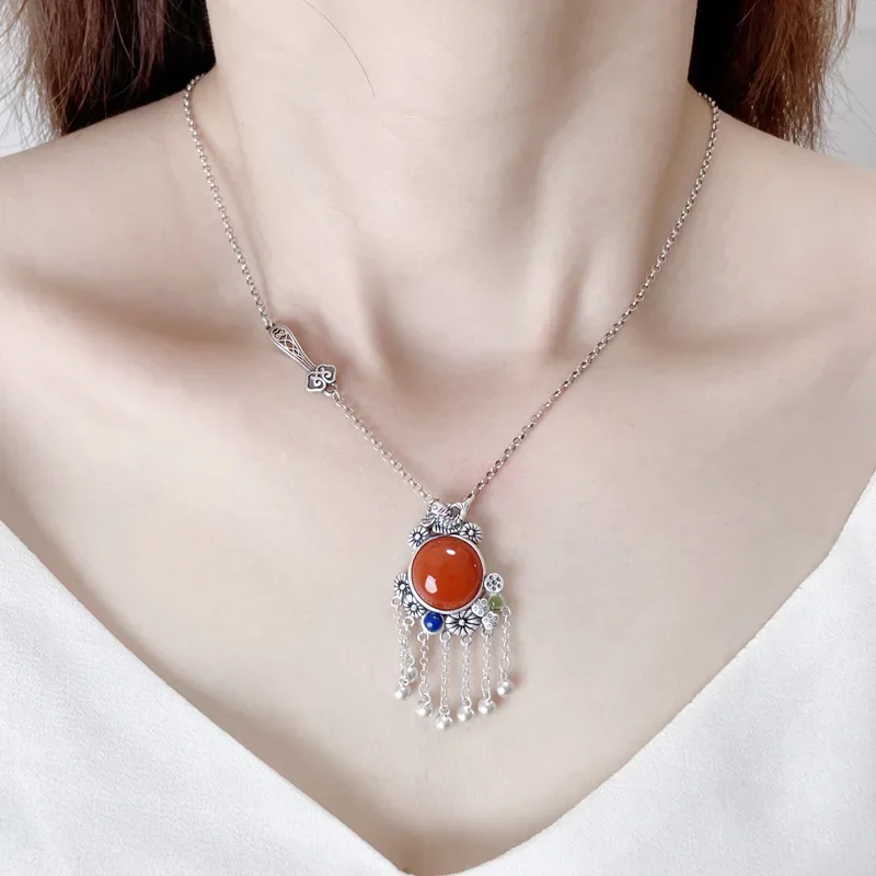 

925 Silver South Red Tourmaline Tassel Necklace for Women Vintage Style Clavicle Chain Inlaid Lapis Lazuli Pendant Jewelry