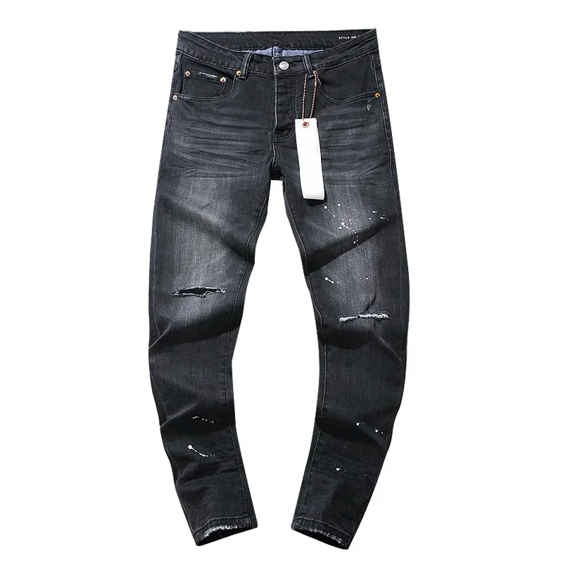 

New Fashion Purple ROCA Brand Jeans Cross border High Street Black Hole Wholesale for Foreign Trade Stylish and slim pants