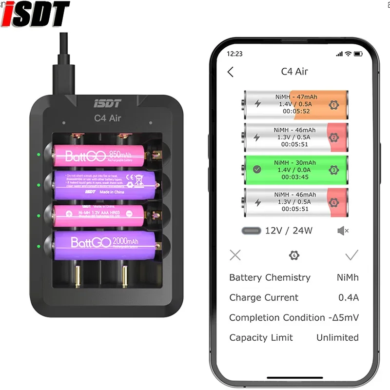 

ISDT C4 Air USB Type-C Charger 6-Bay 4A Universal Battery Smart Charger w/ APP Connection for AA AAA Li-ion Rechargeable Battery