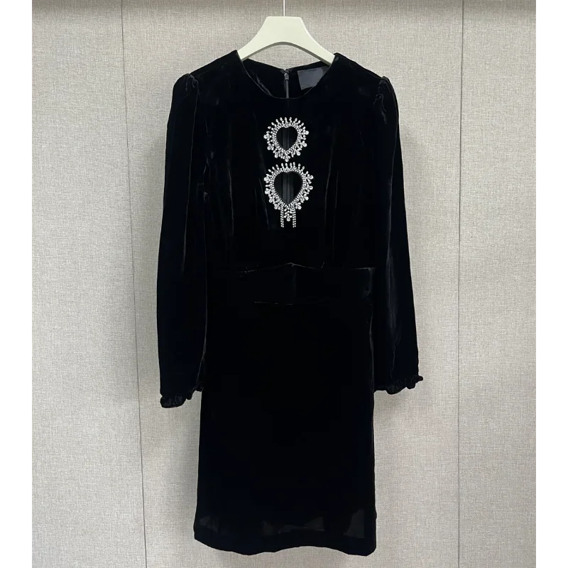 French Black Velvet Hollow Out Diamond Dress Female Long Sleeve Elegant Fashion Vintage Dinner Party Sexy Dress Women Vestidos
French Black Velvet Hollow Out Diamond Dress Female Long Sleeve Elegant Fashion Vintage Dinner Party Sexy Dress Women Vestidos