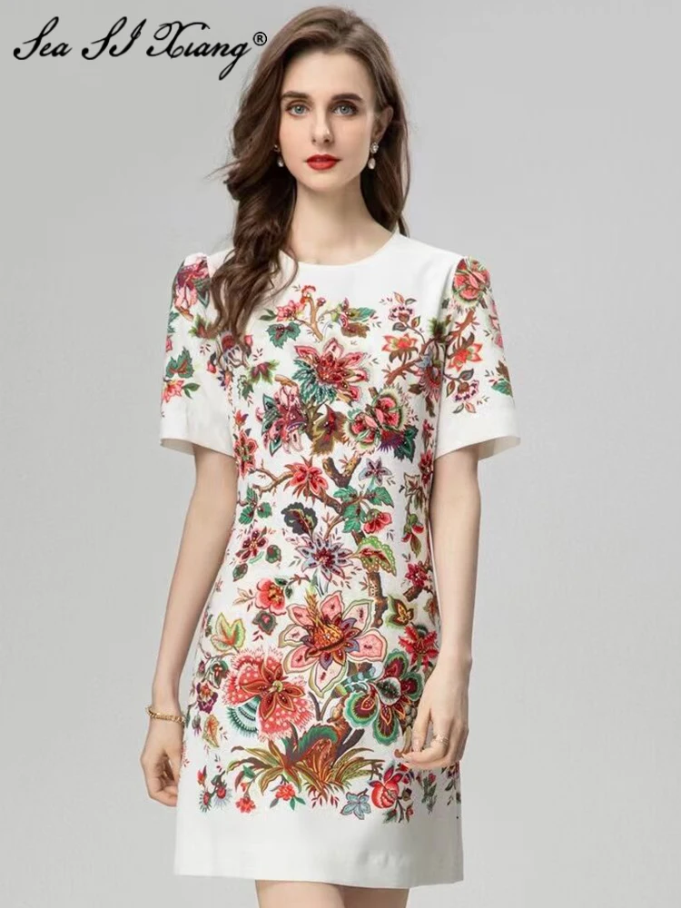 

Seasixiang Fashion Designer Summer Dress Women's O-Neck Short Sleeve Flower Print Beading Vintage Mini Dresses