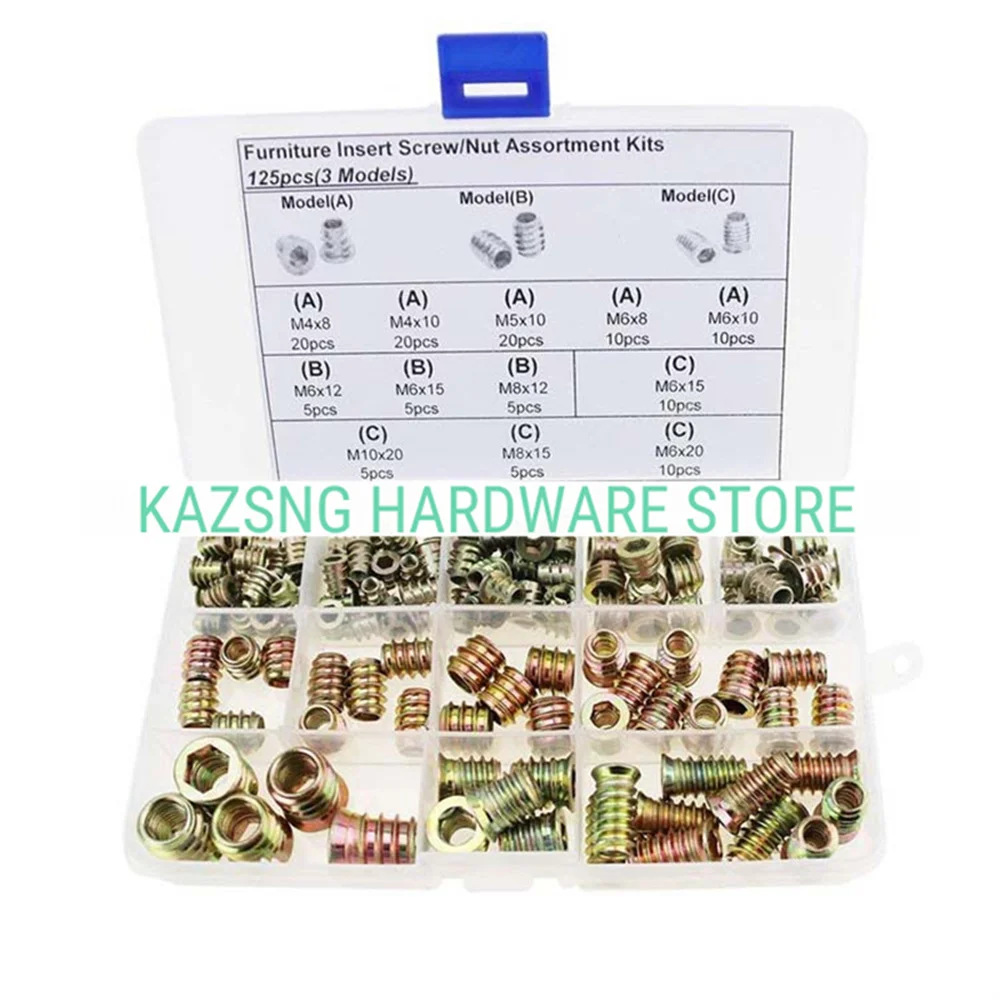

KAZSNG 125pcs Zinc Alloy Furniture Wood Hex Socket Drive Threaded Insert Nut Assortment Kits M4 M5 M6 M8 M10