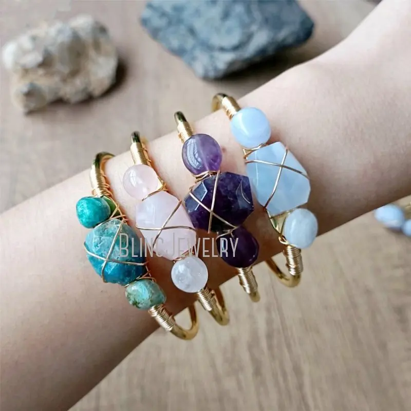 

Raw Amethyst Rose Quartz Apatite Stone Beads Cuff Bracelet for Women Wire Wrapped Healing Crystal Bangle