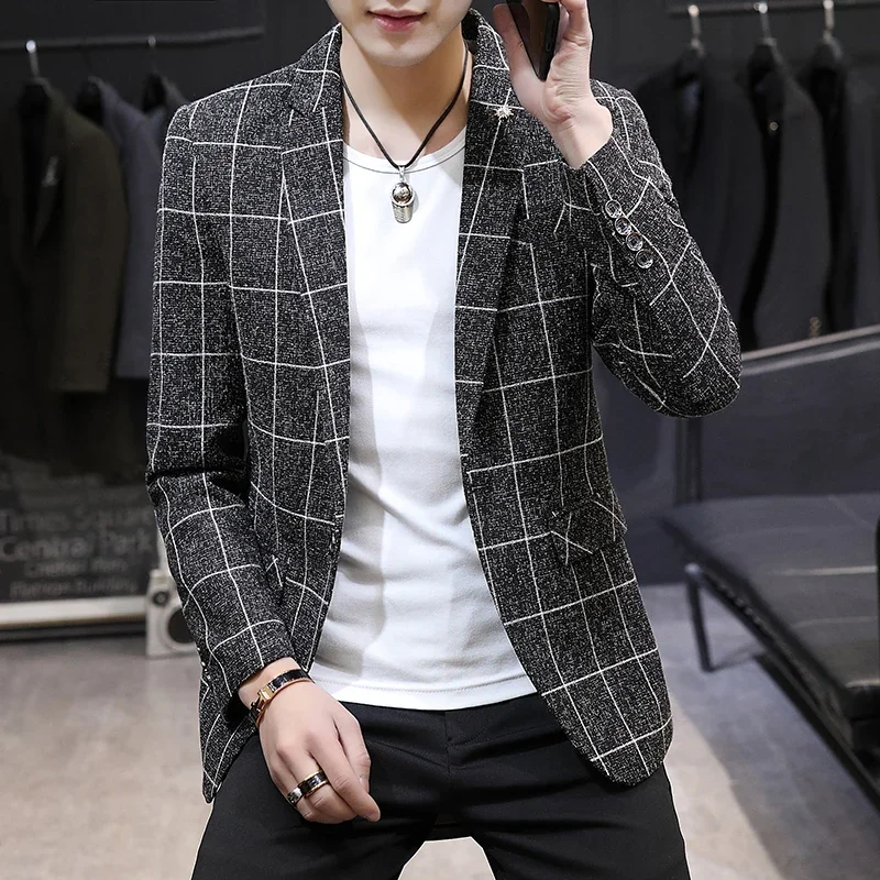 

High Quality Men's Fashion Business Korean Casual Comfort Party Workwear Slim Dress Jacket British Style Men's Plaid Blazer