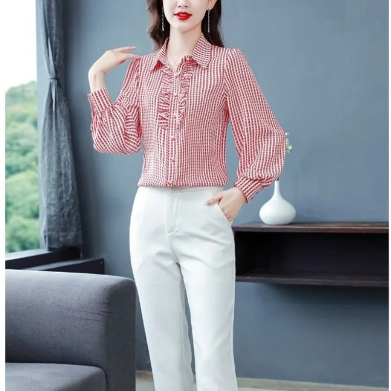 

2024 Women's Spring and Autumn Combination Turndown Collar Temperament Stripes Versatile Button Lace Casual Long Sleeved Shirt